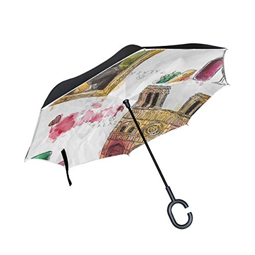 Mona Lisa Triumphal Arch Reverse Folding Umbrella Double Layer Inverted Umbrellas UV Protection Umbrella for Car, Rain Outdoor With C-Shaped Handle Windproof