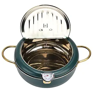 Deep Fryer Pot, Stainless Steel Turkey Deep Fryer Japanese Tempura Fryer Pan with Thermometer, Oil Drip Drainer Rack, Lid, Compatible Induction Cooker Gas Stove for French Fries Chicken (Green)