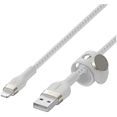 Belkin BoostCharge Pro Flex &Ouml;rg&uuml;l&uuml; USB Tip A - Yıldırım Kablosu (1M/3,3FT), MFi Sertifikalı Şarj Kablosu - Beyaz