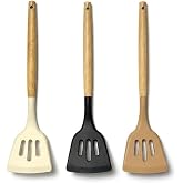 Deconox 30 cm Bambu Saplı Silikon Delikli Spatula, Yapışmaz Tava ve Tencereler İ&ccedil;in Esnek U&ccedil;lu Mutfak Spatulası, Krep Omlet B