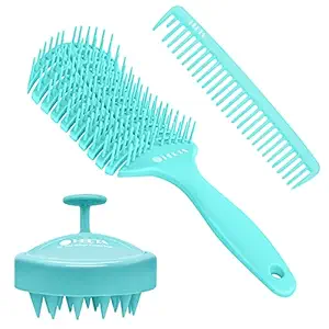 HEETA 3Pcs Vent Styling Brush, Hair Shampoo Brush for Dry & Wet Hair, Detangling Hair Comb Set, Silicone Scalp Massager, Blow Dryer Brush for Women Men Kids Wavy Curly Thick Long Short Hair (Green)