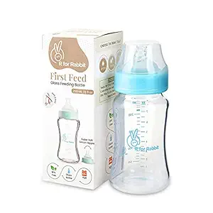 R for Rabbit First Feed Glass Baby Feeding Nipple Milk Bottle with Anti Colic for New Born Babies, Kids| 6 Months and up|250 ML| Lake Blue