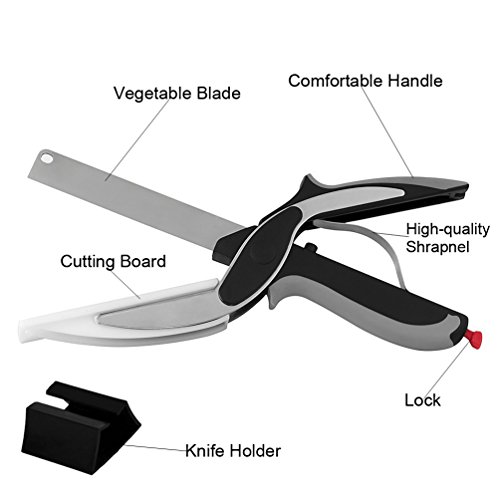 Küchenschere,Yoofor 2 in 1 Multifunktionale Clever Cutter aus rostfreiem Edelstahl, Gemüseschneider und Küchenmesser mit mini Schneidebrett für Salate/ Gemüse/ Fleisch/Kartoffeln und Brot - 2
