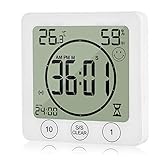 Instalación flexible: 4 maneras de instalar el reloj de ducha impermeable. Soporte para banco de tocador, escritorio, mesa o estante. ● Agujero para colgar en la pared. Ventosa para cristal, ventana, espejo, granito y acero inoxidable. Imán para artículos que contienen hierro. Evita usar azulejos, ya que a menudo no son eficaces con el método de ventosa debido a la composición de azulejos. Al utilizar el método de montaje de ventosa, compruebe la succión regularmente para evitar mover el temporizador y asegurarse de que es alwa