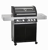 Gehäuse aus pulverbeschichtetem Stahl, inklusive emaillierter Gussroste und beleuchteter Drehknöpfe; Extra stabile und breite Rollen zum einfachen Bewegen auf der Terrasse oder auf Rasen