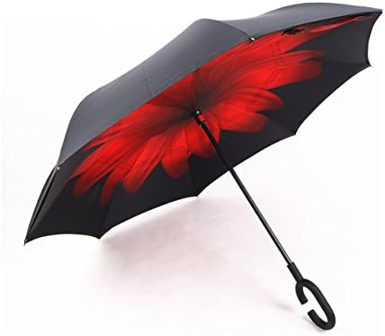 Villy Inverted Umbrella, Windproof Waterproof Reverse Folding Umbrella, Double Layer C-shaped Hands Free Handle, Best for Outdoor and Car Use (Red Black)