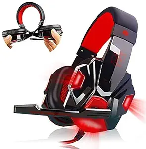 MFTEK Gaming Headphone Noise Cancellation and Volume Control Gaming Headset with Mic LED Light Over-Ear Headphone, 3.5mm Wired, 40mm Driver Unit, Double bass, red Colour