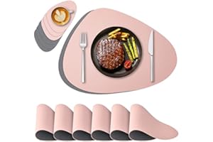 NOSTHEART Tischsets Abwaschbar 6er Set, Platzsets Abwischbar Tischsets Leder Rund Hitzebeständig rutschfest Platzdeckchen mit Untersetzer, Doppelseitigen - Rosa Grau