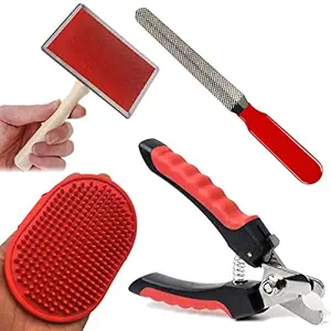 PSK PET MART Grooming Combo for Dog, Puppy, Cat and Kitten Nail Clippers and Trimmer, Pet Bath Brush Grooming Comb with Adjustable Ring, Pet Grooming Wood Handle Slicker Brush for Pets