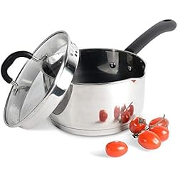 ProCook Gourmet Stainless Steel - Grande Casserole Induction 18cm INOX 18 10 - Becs Verseurs - avec Couvercle Passoire Verre Trempé - Poignée Silicone Isolant - 18 cm / 2,4 l