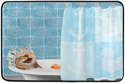 FFY Go Bath Mat, Cute Cat Take Shower Print Non-Slip Anti Mould Easy Dry Doormat Rug for Shower Room Bathroom Door Indoor Outdoor 23 x 15 inch