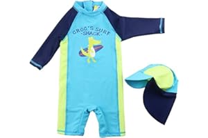 Kinder Badebekleidung Baby Jungen Badeanzug UV Schutz mit Sonnenschutz Mütze Badekappe Langarm Kinderbadeanzug Schwimmkleidung UPF 50+ Einteiliger Reißverschluss