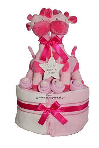 Twin baby Girl Pink Giraffe Nappy Cake Gift FREE DELIVERY