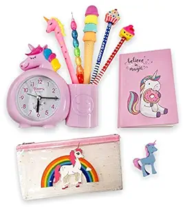 Le Delite unicorn cartoon pig alarm clock combo includes watch with cute stylish diary with gel pen , non sharpening pencil , cartoon pencil with eraser top and eraser , school supplies stationery/ birthday return gift item for girls boys kids