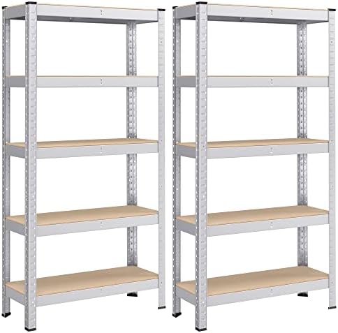 SONGMICS Set di 2 Scaffali in Metallo, Scaffalature a 5 Ripiani Regolabili, Senza Viti, Scaffale Salvaspazio per Garage, Magazzino, Portante 650 kg, 30 x 75 x 150 cm, Argento GLR030E02