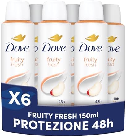 Dove Deodorante Spray, Dove Classic Care Fruity, Deodorante Antitraspirante Spray, Protezione Fino a 48 Ore, con 1/4 di Crema Idratante, Formula Delicata, Deodorante Uomo e Donna, 6 Pezzi da 150 ml