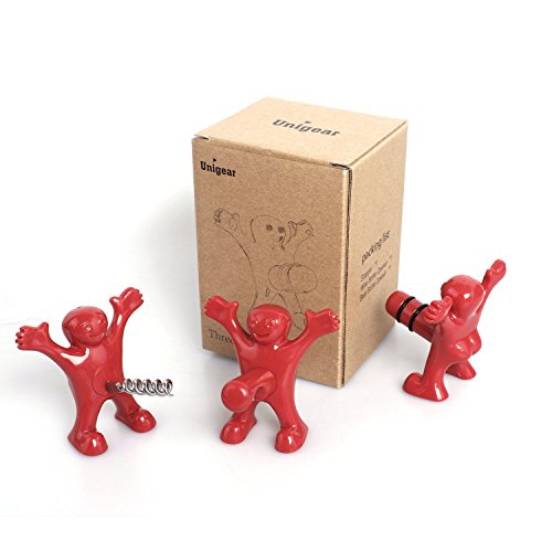 Unigear Wein Stopper und Flaschenöffner Set, drei niedlichen rot Herren Neuheit Flaschenöffner, Korkenzieher und Stopper, perfekt Gag Geschenke Kollektion (Rot) - 2