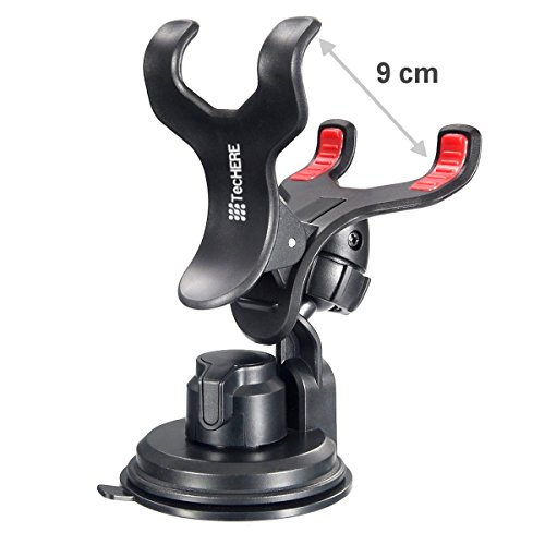 TecHERE EasyClaw Plus - Supporto Universale per auto con ventosa - Porta telefono / smartphone / cellulare per iPhone 6 plus 6 5 5s 5c 4s, Samsung Galaxy S6 S5 S4 S3 S2, Nexus, Lumia, Sony Xperia, LG, HTC, navigatore GPS ed altri dispositivi di larghezza fino a 9 cm - Regolabile con rotazione 360Â° - Colore Nero