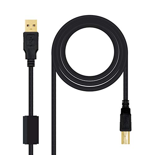 NanoCable 10.01.1205 - Cable USB 2.0 para Impresora con ferrita, Tipo A/M-B/M, Macho-Macho, Negro, 5mts