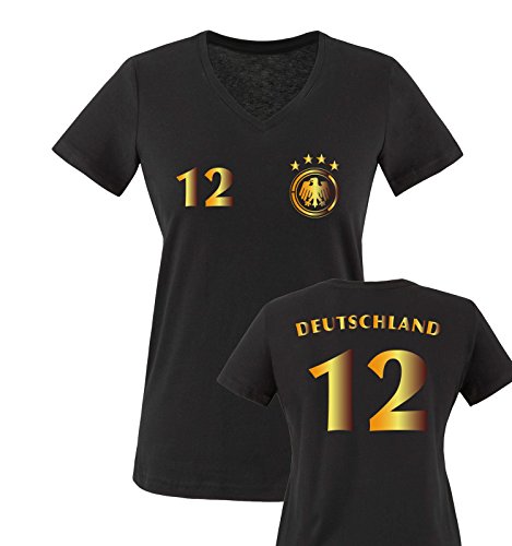 EM 2016 – TRIKOT – DEUTSCHLAND – 12 – Damen V-Neck T-Shirt – Schwarz / Gold Gr. XL