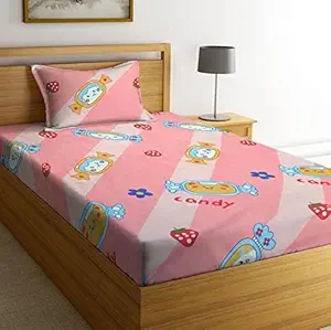 NEW LEAF Glace Cotton 160 TC Kids Printed King Size Single Bed Sheet with 1 Pillow Covers (4X6 feet Bed, Pink Fish)