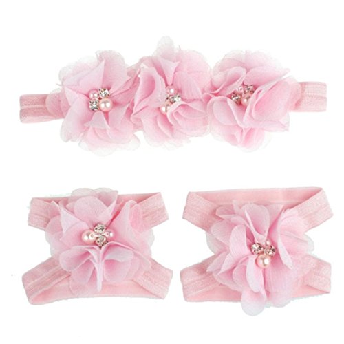 Amison Hot Foot Flower Barefoot Sandals + Headband Set for Baby Infants Girls (Pink)