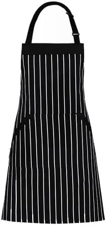 HOMWE Adjustable Bib Cotton Aprons - Adjustable Neck Strap with Extra Long Ties with 2 Pockets for Cooking, Commercial Grade Water Resistant Apron for Women & Men - Black/White Pinstripe 33x27 Inches