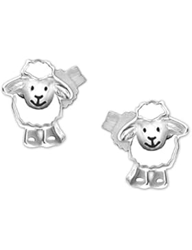 CLEVER SCHMUCK Silberne Ohrstecker 9 mm Schaf lustig lachendes Gesicht weiß und schwarz lackiert glänzend STERLING...