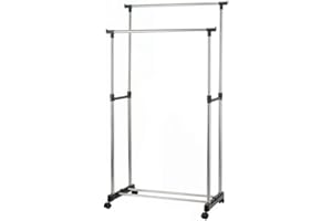 VETRINE IN RETE Vetrineinrete® Stand appendiabiti altezza regolabile telescopico con ruote singolo e doppio stender abiti guardaroba organizer in metallo barre inferiori da appoggio scarpe borse scatole (Doppio)