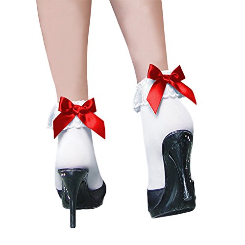 1 Pair Lady Lace Top Ankle Dress Socks (White with Red Bow)