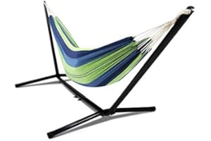 IDMarket - Hamaca con soporte de metal y tela a rayas azul y verde