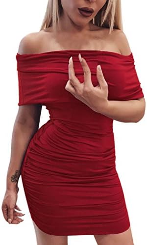 Women Sexy Stretch Short Sleeve Plain Off The Shoulder Fitted Bodycon Summer Prom Cocktail Evening Party Dress Sleeve Stretchy Slim Mini Pleated Slim Fit Jumper Skater Dress (Wine Red, M)