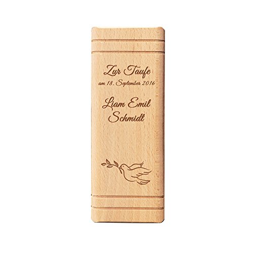 Spardose in Bibel Buch Optik aus Holz mit Gravur zur Taufe – Motiv Taube – Personalisiert mit Namen und Datum – Sparbüchse aus Ahornholz als Taufgeschenk – Sparschwein für Jungen und Mädchen - 3