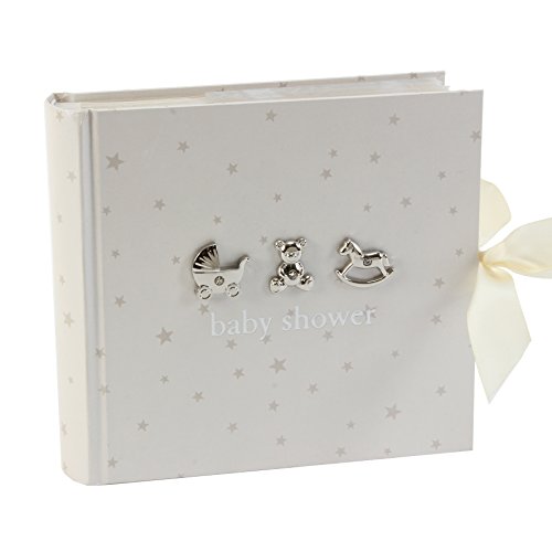 Álbum de fotos Bambino para baby shower, diseño en blanco con estrellas plateadas e iconos, 15,25 x 10 cm
