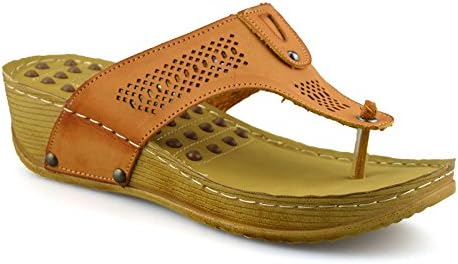 Jade Eze Ladies Womens Mid Wedge Heel Slip On Toe Post Summer Mules Sandals Shoes Size[UK 5.5,Cognac]