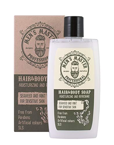 Champú refrescante para Hombre, cuerpo y cabello" Algas marinas y menta". Sin Sulfatos, sin parabenos, sin colorantes artificiales, 260 ml de Mens Master