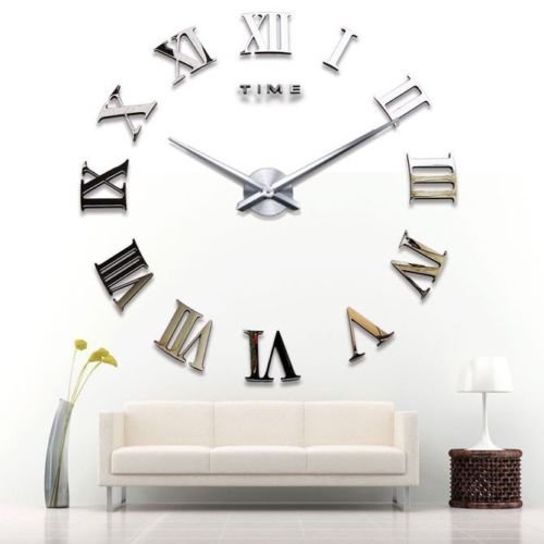 Yosoo DIY Riesen Wanduhr Acryl 3D Spiegel Oberflächen Aufkleber Wandtattoo Wohnzimmer Dekoration Uhr Zimmerdeko Einzigartiges Geschenk (Silber)