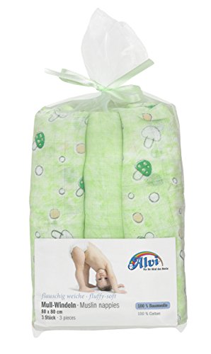 Preisvergleich Produktbild Alvi Mull-Windeln Pilze grün,gerollt 3 Stück 80x80cm