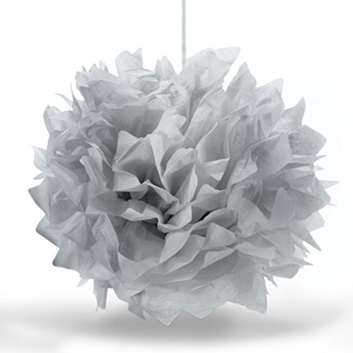 PUMPKO 10er Set Premium Seidenpapier PomPoms für Ihre Hochzeit | Pom Poms zur Deko von Geburtstagen | Papierblumen für eine besondere Party | Pompons in Weiß, Hellgrau und Grau - 6
