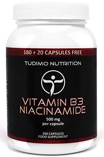 Vitamina B3 500 mg de Nicotinamida Flush Free 200 pzas (6+ Meses de Provisión) de Cápsulas de Desintegración Rápida, cada una con 500 mg de polvo de Niacinamida de Calidad Premium, de TUDIMO