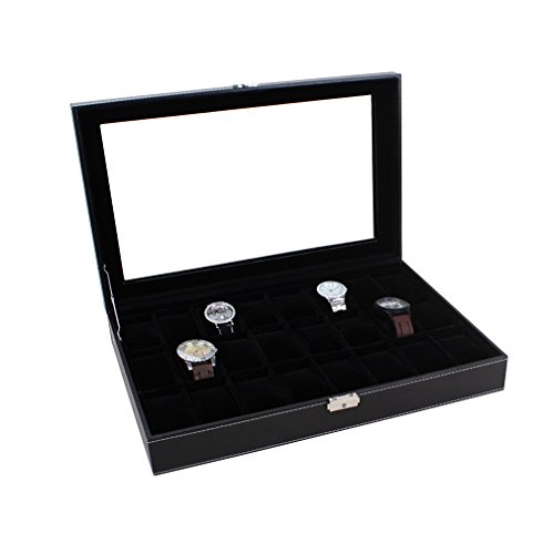 Preisvergleich Produktbild Uhrenbox Uhrenkoffer Herren Frauen Uhrenkasten für 24 Uhren Uhrenschatulle aus Kunstleder Uhrenvitrine in Voll Schwarz