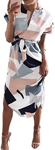 Yieune Summer Dress for Women Floral Long Dresses White Knee Long Printed Split Dresses Beach Sundresses V-Neck