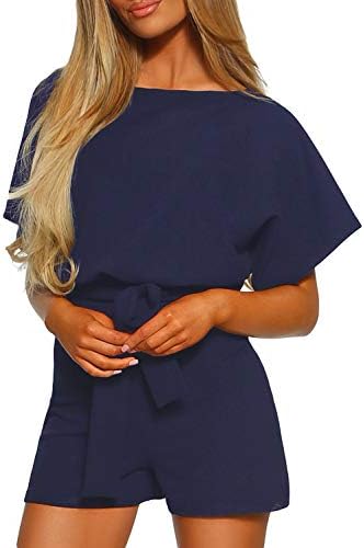 Fashion Jumpsuits Women Casual Short Sleeve Belted Elegant Playsuit
