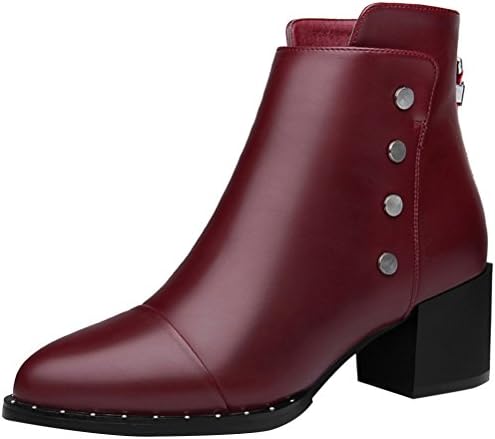 Worply Womens Winter Block Heels Pointed Toe Rivet Zipper Ankle Boots Wedding Evening Dress Shoes(3.5 UK, Red)