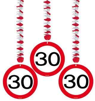 Spiralen Girlande 3 St. Verkehrsschild Zahl 30 Geburtstag Rotorspiralen