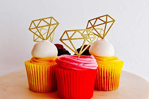 12 Diamond Gold Glitter cup cake toppers, engagement party, wedding, bling bling toppers