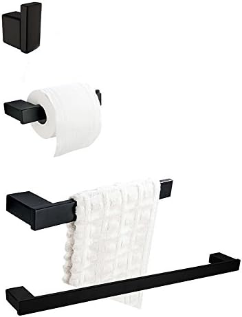 CASEWIND 4 Pieces SUS304 Stainless Steel Black Bathroom Acessories Sets, Wall Mounted Bath Hardware Sets in Contemporary Style including Towel Bar Tissue Paper Holder Robe Hooks Wall Towel Rail