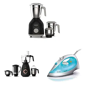 Philips HL7756/00 Mixer Grinder, 750W, 3 Jars (Black) & 750W Mixer Grinder, Black & 200-Watt Steam Iron (Color May Vary)