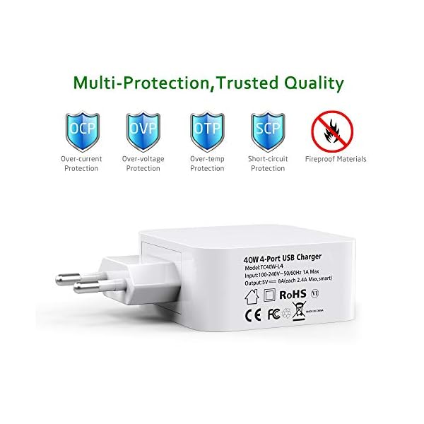 Splaks USB Ladegerät 4-Port 40W 5V/8A Wall Charger Netzteil Schnell Aufladen für iPhone 6/7/8/Plus/X/Xs/Xs Max/XR/11, iPad, Galaxy S7/Edge/8/9/Plus Bluetooth/Tragbare Geräte – Bild 3
