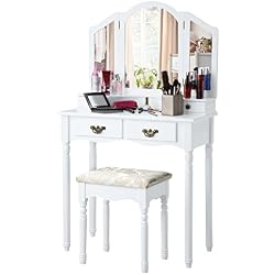 LANGRIA Coiffeuse Meuble Maquillage avec 3 Miroirs, 4 Tiroirs, Pieds Résistantes Style Victorien, Tabouret Rembourré Motif Jacquard Floral, pour Chambre ou Dressing (Blanc)